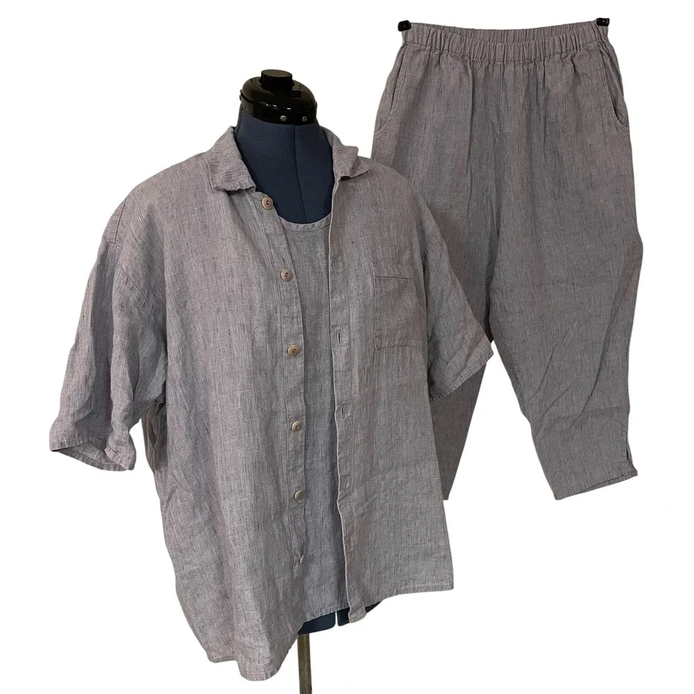 FLAX Jeanne Engelhart 3 Pc Blue 100% Linen Set Shirt Top Barrel Crop Pants S